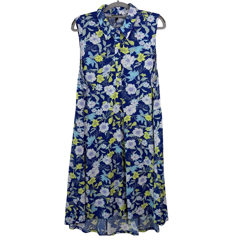 Allison Brittney Sleeveless Floral High-Low Shirt Dress XL Blue Excellent